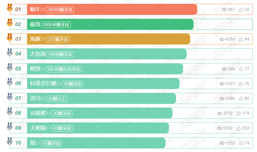 牙齿最多的动物是什么（世界公认的动物牙齿数量排行榜）